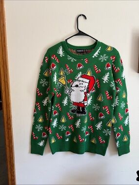 Peanuts Green Santa Bell Pattern Crewneck Sweater - Men